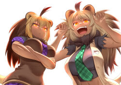 Rule 34 | 2girls, :/, ahoge, animal ears, arms up, barbary lion (kemono friends), bare arms, big hair, blonde hair, breasts, brown hair, buttons, cape lion (kemono friends), claw pose, closed mouth, colored tips, commentary request, cropped shirt, crossed arms, facial scar, fangs, from below, fur collar, glowing, glowing eyes, green necktie, hair between eyes, kashisu mint, kemono friends, large breasts, lion ears, lion girl, lion tail, long hair, looking at viewer, midriff, multicolored hair, multiple girls, navel, necktie, open clothes, open mouth, open vest, orange eyes, parted bangs, plaid, plaid necktie, plaid trim, purple necktie, scar, scar on arm, scar on cheek, scar on face, shirt, short sleeves, side-by-side, stomach, sweater vest, tail, tan, teeth, torn clothes, torn sleeves, two-tone hair, unbuttoned, upper body, upper teeth only, v-shaped eyebrows, vest