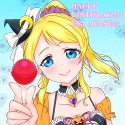 Rule 34 | 1girl, artist request, ayase eli, bare shoulders, blonde hair, blue eyes, blush, breasts, candy, cleavage, collarbone, cowboy shot, dancing stars on me!, detached collar, female focus, food, frills, garter straps, hat, highres, holding, holding candy, holding food, holding lollipop, jack-o&#039;-lantern, lollipop, long hair, looking at viewer, love live!, love live! school idol festival, love live! school idol project, medium breasts, midriff, mini hat, navel, parted lips, ponytail, purple scrunchie, scrunchie, short hair, smile, solo, sp monmon, sparkle, thighhighs
