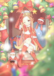 Rule 34 | 1girl, :t, abigail williams (fate), aiee, bell, blonde hair, blue eyes, blurry, blurry foreground, boots, bow, box, capelet, christmas, christmas ornaments, christmas stocking, closed mouth, commentary request, depth of field, detached sleeves, dress, fate/grand order, fate (series), forehead, fur-trimmed boots, fur-trimmed capelet, fur-trimmed dress, fur-trimmed headwear, fur-trimmed sleeves, fur trim, gift, gift box, hair bow, hat, head tilt, highres, indoors, knee boots, long hair, long sleeves, looking at viewer, orange bow, parted bangs, polka dot, polka dot bow, pout, red bow, red capelet, red dress, red footwear, red hat, sack, santa boots, santa costume, santa hat, sitting, sleeves past wrists, solo, star (symbol), stuffed animal, stuffed toy, teddy bear, very long hair, wavy mouth