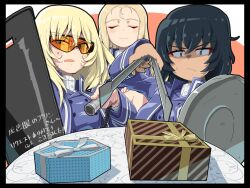Rule 34 | 3girls, absurdres, andou (girls und panzer), artist name, bc freedom military uniform, black border, black eyes, black hair, blonde hair, blue eyes, blue jacket, blue vest, border, closed eyes, closed mouth, commentary request, commission, constricted pupils, dark-skinned female, dark skin, dress shirt, drill hair, foreshortening, frown, geiger counter, gift, girls und panzer, glaring, high collar, highres, holding, holding shield, holding tongs, jacket, kuroneko douji, long hair, long sleeves, marie (girls und panzer), medium hair, messy hair, military uniform, multiple girls, open mouth, orange-tinted eyewear, oshida (girls und panzer), partial commentary, pixiv commission, riot shield, shield, shirt, signature, smile, sunglasses, sweatdrop, tinted eyewear, tongs, translated, uniform, valentine, vest, white shirt