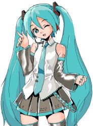 Rule 34 | 1girl, aqua eyes, aqua hair, detached sleeves, hatsune miku, head tilt, headset, koyopi, long hair, necktie, one eye closed, open mouth, simple background, sketch, skirt, solo, thighhighs, twintails, very long hair, vocaloid, white background, wink