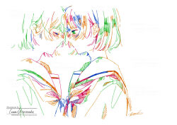 Rule 34 | 2girls, artist name, closed eyes, colorful, face-to-face, forehead-to-forehead, from side, hatching (texture), heads together, highres, looking at another, multiple girls, neckerchief, original, pen (medium), sailor collar, sailor shirt, school uniform, serafuku, shirt, short hair, signature, simple background, traditional media, upper body, watanabe tomari, watermark, white background, yuri