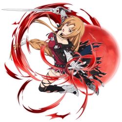 Rule 34 | 1girl, armored boots, asuna (sao), bandages, black cape, black shorts, black thighhighs, boots, breasts, brown eyes, brown hair, cape, cleavage, collarbone, cosplay, floating hair, hair between eyes, highres, holding, holding sword, holding weapon, long hair, looking at viewer, low-tied long hair, medium breasts, official art, open mouth, outstretched arms, ponytail, red shirt, shirt, short shorts, shorts, simple background, solo, sword, sword art online, sword art online: code register, tales of (series), tales of berseria, thighhighs, torn cape, torn clothes, torn thighhighs, velvet crowe, velvet crowe (cosplay), very long hair, weapon, white background