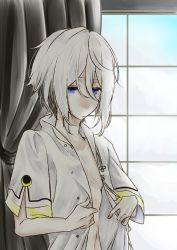 Rule 34 | 1boy, blue eyes, dress, dressing, fate/grand order, fate (series), prince of lan ling (fate), male focus, open clothes, open shirt, prince of lan ling (eastern socialite attire) (fate), silver hair, solo, waking up