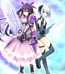 Rule 34 | &gt;:o, 10s, 2girls, :o, armor, armored dress, ass, back, blue eyes, boots, breasts, brooch, cleavage, cleavage cutout, clothing cutout, cross, date a live, detached collar, dress, elbow gloves, faulds, fighting stance, floating hair, foreshortening, from side, full body, gloves, glowing, gradient background, grey footwear, grey legwear, hair between eyes, headgear, high ponytail, highres, holding, holding sword, holding weapon, huge weapon, iron cross, jewelry, lace, lace-trimmed dress, lace trim, layered dress, leg lift, leg up, leotard, long hair, looking at viewer, looking back, multiple girls, official art, open mouth, outline, outstretched arm, pauldrons, ponytail, purple eyes, purple hair, serious, short hair, shoulder armor, sideboob, sidelocks, small breasts, standing, standing on one leg, sword, thigh boots, thigh strap, thighhighs, tobiichi origami, tsunako, turtleneck, v-shaped eyebrows, vambraces, very long hair, weapon, white hair, yatogami tooka