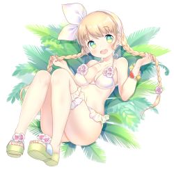 Rule 34 | 1girl, :d, blonde hair, blush, bow, bracelet, braid, bridal garter, collarbone, feet, flower, full body, green eyes, hair bow, hair flower, hair ornament, hairband, hairclip, halterneck, happy, highres, jewelry, long hair, looking at viewer, low twintails, navel, open mouth, original, palm leaf, platform footwear, sandals, smile, solo, summer, suzuki moeko, toes, transparent background, twin braids, twintails, white bow