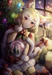 Rule 34 | 1girl, absurdres, animal ear fluff, animal ears, blonde hair, blush, brown eyes, candle, capelet, christmas, christmas tree, closed mouth, commentary request, feet out of frame, fennec (kemono friends), fox ears, fur trim, gift, hair between eyes, hand in own hair, head tilt, highres, huge filesize, kemono friends, light smile, looking at viewer, mirage (rairudiseu), red capelet, short hair, sitting, snow globe, snowflakes, solo, window, wreath
