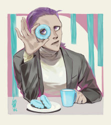 Rule 34 | 1boy, artist name, bangs pinned back, bishop (daemon x machina), black jacket, border, breast pocket, clenched hand, cup, daemon x machina, dated, doughnut, food, forehead, hand up, highres, holding, holding food, jacket, layered sleeves, long sleeves, looking at viewer, male focus, matching hair/eyes, milk, open clothes, open jacket, open mouth, outside border, plate, pocket, purple eyes, purple hair, sharp teeth, shirt, short hair, signature, sitting, solo, table, teeth, tsunetaka rakurai, upper body, white shirt, yellow border