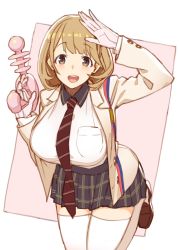 Rule 34 | 10s, 1girl, blazer, breast pocket, breasts, brown eyes, brown hair, dress shirt, energy gun, hair ornament, huge breasts, izumi sai, jacket, jumping, loafers, looking at viewer, narusawa ryouka, necktie, occultic;nine, open clothes, open jacket, open mouth, pocket, ray gun, school uniform, shirt, shirt tucked in, shoes, short hair, skirt, smile, solo, thighhighs, weapon