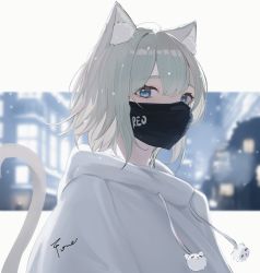 Rule 34 | 1girl, absurdres, animal ear fluff, animal ears, blush, cat ears, cat girl, cat tail, commentary request, drawstring, grey hair, hair between eyes, highres, hood, hood down, hoodie, looking at viewer, mask, mouth mask, original, short hair, signature, solo, tail, white hoodie, yougashi