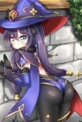 Rule 34 | 1girl, against wall, artist request, ass, blush, breasts, cape, detached sleeves, elbow gloves, from behind, genshin impact, gloves, green eyes, hair ornament, hair ribbon, hat, highres, hydro (genshin impact), leotard, long hair, looking at viewer, medium breasts, mona (genshin impact), pantyhose, purple hair, ribbon, shiny clothes, shiny skin, sideboob, solo, thighlet, twintails, very long hair, vision (genshin impact)