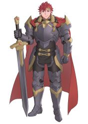 Rule 34 | 1boy, amor, armor, armored boots, boots, cape, diamant (fire emblem), ebinku, fire emblem, fire emblem engage, full body, fur trim, gloves, highres, holding, holding sword, holding weapon, king, looking at viewer, male focus, nintendo, red eyes, red hair, short hair, shoulder armor, simple background, smile, sword, weapon, white background