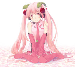 Rule 34 | 1girl, bad id, bad pixiv id, blush, boots, cherry, detached sleeves, food, fruit, hatsune miku, headset, long hair, necktie, pink eyes, pink hair, sakura miku, sitting, smile, solo, sweetcry, thigh boots, thighhighs, twintails, very long hair, vocaloid, wariza