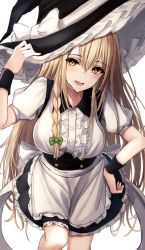 Rule 34 | 1girl, 7saki, :d, absurdres, apron, bad id, bad pixiv id, black hat, black skirt, blonde hair, blush, bow, braid, breasts, feet out of frame, frilled apron, frills, hair between eyes, hand on own hip, hat, hat bow, highres, kirisame marisa, long hair, looking at viewer, open mouth, puffy short sleeves, puffy sleeves, shirt, short sleeves, skirt, smile, solo, touhou, very long hair, waist apron, white apron, white background, white bow, white shirt, witch hat, wrist cuffs, yellow eyes