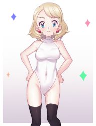 Rule 34 | 1girl, bare arms, black thighhighs, blonde hair, blue eyes, blush, border, closed mouth, collarbone, commentary request, covered navel, creatures (company), earrings, eyelashes, frown, game freak, gazing eye, gluteal fold, gradient background, hands on own hips, highres, jewelry, leotard, looking at viewer, medium hair, nintendo, pokemon, pokemon (anime), pokemon journeys, pokemon swsh105, serena (pokemon), solo, sparkle, thighhighs, white border, white leotard