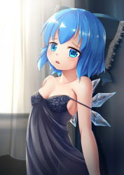 Rule 34 | 1girl, alternate costume, blue bow, blue eyes, blue hair, bow, breasts, cirno, cleavage, hair bow, highres, ice, ice wings, indoors, kirimori toya, solo, standing, strap slip, tareme, touhou, wings