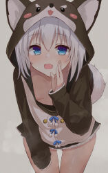 Rule 34 | 1girl, :o, animal hood, arm at side, bell, blue bow, blue eyes, bottomless, bow, breasts, collarbone, cowboy shot, downblouse, eruon, fang, gluteal fold, grey background, grey hair, hair between eyes, hand to own mouth, hand up, highres, hood, hood up, hoodie, jingle bell, kohaku nene, la peche party, leaning forward, light blush, long sleeves, looking ahead, medium hair, nipple slip, nipples, no bra, open mouth, pom pom (clothes), simple background, skin fang, sleeves past fingers, sleeves past wrists, small breasts, smile, tail, thigh gap, two-tone hoodie, virtual youtuber