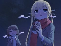 Rule 34 | 2girls, black ribbon, blonde hair, blue eyes, breath, brown hair, closed mouth, closed eyes, facing viewer, food, hair ribbon, highres, holding, holding food, kill me baby, long hair, long sleeves, looking away, looking up, multiple girls, night, night sky, oribe yasuna, outdoors, parted lips, red scarf, ribbon, scarf, short hair, sky, sonya (kill me baby), twintails, white scarf, yachima tana