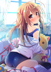 Rule 34 | 1girl, ass, black thighhighs, blue one-piece swimsuit, blush, bow, closed mouth, curtains, day, finger to mouth, frilled pillow, frills, hair between eyes, hair bow, hanamiya natsuka, head tilt, indoors, light smile, long hair, looking at viewer, looking back, no shoes, hugging object, off shoulder, one-piece swimsuit, one side up, original, pillow, pink bow, plant, pleated skirt, potted plant, red eyes, red ribbon, ribbon, school swimsuit, shirt, short sleeves, sitting, skirt, skirt around one leg, soles, solo, star (symbol), strap slip, stuffed animal, stuffed cat, stuffed toy, sunlight, swimsuit, swimsuit under clothes, thighhighs, transparent, wariza, white shirt, white skirt, window