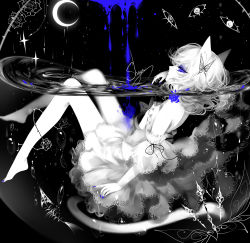 Rule 34 | 1girl, absurdres, animal ears, artist name, bare legs, bare shoulders, barefoot, black background, blue eyes, bug, butterfly, cat ears, cat tail, crescent, detached sleeves, dress, eyelashes, from side, full body, greyscale, highres, insect, limited palette, monochrome, nail polish, original, partially submerged, profile, sheya, short dress, short hair, short sleeves, signature, solo, sparkle, spot color, strapless, strapless dress, tail, thighs, thorns, toenail polish, toenails