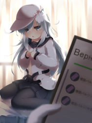 Rule 34 | 10s, 1girl, backlighting, bed, black pantyhose, commentary request, gengetsu chihiro, grey eyes, hat, hibiki (kancolle), highres, kantai collection, long hair, long sleeves, looking at viewer, on bed, open mouth, pantyhose, pov, pov hands, school uniform, serafuku, silver hair, sitting, skirt, solo focus, undressing, verniy (kancolle), very long hair, wariza, window