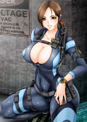 Rule 34 | 1girl, ass, blush, bodysuit, breasts, brown hair, cameltoe, capcom, cleavage, cleft of venus, covered erect nipples, curvy, green eyes, hand on own hip, headset, highres, hip focus, huge ass, huge breasts, impossible clothes, jill valentine, large breasts, looking at viewer, navel, open mouth, plump, ponytail, resident evil, resident evil: revelations, shiny clothes, sign, size hermitage, skin tight, solo, squatting, thick thighs, thigh strap, thighs, tight clothes, watch, wet, wide hips
