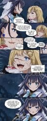 Rule 34 | ..., 2girls, annoyed, blonde hair, blue bow, blue eyes, bow, bow earrings, commentary, cuts, deez nuts (meme), earrings, english commentary, english text, fangs, gardavwar, highres, hololive, hololive english, injury, jewelry, meme, multiple girls, necktie, night, night sky, one eye closed, open mouth, ouro kronii, ouro kronii (1st costume), red neckwear, shaded face, short hair, short necktie, sky, smile, speech bubble, surprised, virtual youtuber, watson amelia