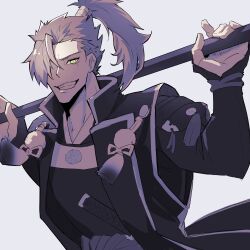 Rule 34 | 1boy, absurdres, evil grin, evil smile, fate/grand order, fate (series), grin, hair over one eye, haruakira, highres, holding, holding polearm, holding weapon, japanese clothes, long hair, looking at viewer, male focus, monochrome, mori nagayoshi (fate), polearm, ponytail, simple background, smile, solo, spot color, sword, upper body, weapon, weapon behind back, yellow eyes