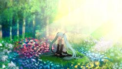 Rule 34 | 1girl, aqua eyes, aqua hair, bare shoulders, blue flower, blurry, colorful, commentary, depth of field, detached sleeves, closed eyes, field, flower, flower field, forest, grass, hair ornament, hands on own knees, hatsune miku, long hair, matsuda toki, nature, necktie, outdoors, red flower, shirt, sitting, sleeveless, sleeveless shirt, smile, solo, sunlight, thighhighs, tree, twintails, very long hair, vocaloid, wariza, white flower, yellow flower