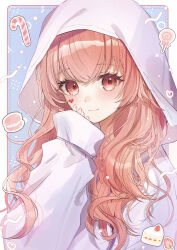 Rule 34 | 1girl, absurdres, blush, cake, cake slice, candy, candy cane, commentary request, food, food-themed background, fruit, hair between eyes, hair over shoulder, hand on own face, heart, highres, hood, hood up, hoodie, light smile, lollipop, long hair, long sleeves, looking at viewer, macaron, mairu003, momoi airi, pink eyes, pink hair, project sekai, purple hoodie, sidelocks, sleeves past wrists, solo, strawberry, swirl lollipop, upper body