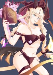 Rule 34 | 1girl, :d, absurdres, arknights, black bra, black hat, black panties, blonde hair, blue background, blue eyes, book, bra, braid, breasts, cowboy shot, dragon, dragon girl, dragon horns, dragon tail, earrings, flame-tipped tail, hat, highres, holding, holding book, horns, jewelry, looking at viewer, medium breasts, navel, off-shoulder shirt, off shoulder, open mouth, panties, pentagram, reed (arknights), shirt, simple background, smile, solo, strap slip, tail, twin braids, underwear, viod yuhua, witch hat