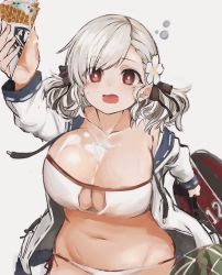Rule 34 | 1girl, between breasts, bikini, black ribbon, blush, breasts, cleavage, cleavage cutout, clothing cutout, eyepatch bikini, flower, food, food between breasts, food on face, fuyu yafunu, girls&#039; frontline, grey background, hair flower, hair ornament, hair ribbon, holding, holding food, ice cream, ice cream cone, jacket, large breasts, long sleeves, looking at viewer, open clothes, open jacket, open mouth, red eyes, ribbon, short twintails, simple background, solo, spas-12 (girls&#039; frontline), spas-12 (midsummer fruit) (girls&#039; frontline), strapless, strapless bikini, suggestive fluid, swimsuit, twintails, white background, white bikini, white flower