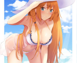 Rule 34 | 1girl, arm up, armpits, bare arms, bare legs, bare shoulders, bent over, bikini, blue eyes, blue sky, blush, border, braid, breasts, cleavage, cloud, cloudy sky, collarbone, day, female focus, gluteal fold, grin, hair between eyes, hand on headwear, hat, itete, large breasts, large hat, legs, long hair, looking at viewer, navel, orange hair, outdoors, parted lips, pecorine (princess connect!), pecorine (summer) (princess connect!), princess connect!, round teeth, see-through, side braid, sky, smile, solo, swimsuit, teeth, thighs, white bikini, white border, white hat
