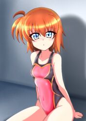 Rule 34 | 1girl, blue eyes, breasts, brown hair, commentary request, competition swimsuit, covered navel, highres, looking at viewer, lyrical nanoha, mahou shoujo lyrical nanoha innocent, one-piece swimsuit, parted lips, partial commentary, red one-piece swimsuit, short hair, sitting, small breasts, solo, stern the destructor, swimsuit, toone azuna