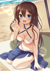 Rule 34 | 1girl, :d, bare arms, bare shoulders, barefoot, beach, bikini, blue eyes, blush, breasts, brown hair, cleavage, collarbone, commentary request, day, hair between eyes, hand up, highres, lens flare, long hair, looking at viewer, medium breasts, navel, o-ring, o-ring bikini, o-ring top, one side up, open mouth, original, outdoors, sand, sarong, smile, solo, swimsuit, very long hair, water, white bikini, yuusa