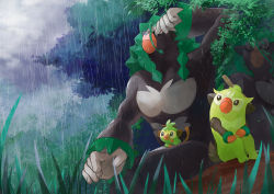 Rule 34 | absurdres, closed mouth, commentary request, creatures (company), evolutionary line, fog, from below, game freak, gen 8 pokemon, grass, grookey, hand up, highres, huge filesize, looking up, nintendo, orange eyes, outdoors, plant, pokemon, pokemon (creature), rain, rikuya (0325shs), rillaboom, sitting, stick, thwackey, tree, vines