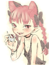 Rule 34 | 1girl, adapted costume, animal ears, bare shoulders, blush, braid, cat ears, choker, collarbone, cum, extra ears, eyeball, flat chest, hand up, highres, holding eye, kaenbyou rin, long hair, looking at viewer, nametake, pointy ears, red eyes, red hair, simple background, sketch, slit pupils, solo, tongue, tongue out, touhou, twin braids, twintails, upper body, white background