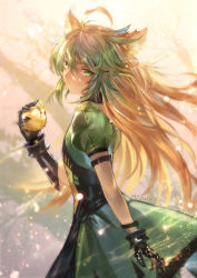 Rule 34 | 1girl, ahoge, animal ears, apple, atalanta (fate), azomo, backlighting, braid, breasts, cat ears, cat tail, closed mouth, fate/apocrypha, fate (series), food, french braid, fruit, gauntlets, golden apple, gradient hair, green eyes, green hair, hair between eyes, highres, long hair, looking at viewer, multicolored hair, puffy short sleeves, puffy sleeves, short sleeves, solo, tail, two-tone hair