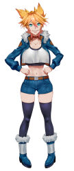 Rule 34 | 1girl, absurdres, animal collar, aqua eyes, belt, blonde hair, boots, breasts, collar, collarbone, hands on own hips, highres, ippo, jacket, large breasts, navel, original, sharp teeth, shirt, short hair, shorts, smile, teeth, thighhighs, white background, white shirt