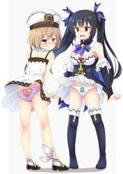 Rule 34 | 2girls, ankle ribbon, ass, back, bare arms, bare shoulders, black collar, black dress, black footwear, black hair, black legwear, black sleeves, blanc (neptunia), blue bow, blue eyes, blue ribbon, blush, boots, bow, breasts, choujigen game neptune, clenched teeth, clothes lift, collar, commentary, commission, detached collar, detached sleeves, dress, dress lift, embarrassed, frilled hat, frills, grey background, hair between eyes, hair ribbon, hat, hatsune miku, ikazu401, kneepits, leg ribbon, light brown hair, long hair, long sleeves, looking at viewer, looking back, medium breasts, multiple girls, neptune (series), noire (neptunia), nose blush, open mouth, panties, print panties, ram (neptunia), red eyes, ribbon, rom (neptunia), shadow, short hair, simple background, sleeveless, sleeveless dress, standing, strapless, strapless dress, striped clothes, striped panties, teeth, thigh boots, thighhighs, twintails, two-tone background, underwear, very long hair, vocaloid, wavy mouth, white background, white dress, white hat, white legwear, white panties, wind, wind lift, wing collar