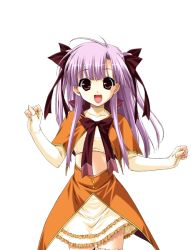 Rule 34 | 1girl, :d, ahoge, bow, boy meets girl, brown bow, elbow gloves, fingerless gloves, frills, game cg, gloves, hair ribbon, happy, long hair, looking at viewer, midriff, open mouth, purple hair, red eyes, ribbon, shingyouji mao, shintarou, skirt, smile, solo, straight-on, tachi-e, transparent background, twintails, two side up