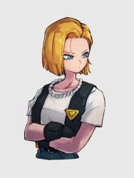 Rule 34 | 1girl, android 18, belt, black gloves, black vest, blonde hair, blue eyes, closed mouth, crossed arms, dragon ball, dragonball z, gloves, grey background, jewelry, kemachiku, looking to the side, necklace, pants, pearl necklace, shirt, short hair, simple background, solo, upper body, vest, white shirt