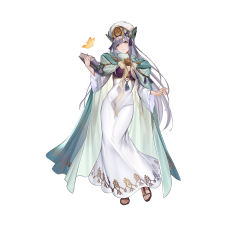 Rule 34 | 1girl, absurdres, book, breasts, bug, butterfly, cape, commentary, dress, fire emblem, fire emblem: genealogy of the holy war, fire emblem heroes, full body, hanusu, hat, highres, holding, holding book, insect, julia (fire emblem), long dress, long hair, medium breasts, nintendo, official art, parted lips, purple eyes, purple hair, sandals, simple background, smile, solo, standing, toes, very long hair, white background, white dress, wide sleeves