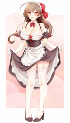 Rule 34 | 1girl, :d, ahoge, alternate costume, apron, black footwear, blush, breasts, brown eyes, brown hair, cleavage, clothes lift, collarbone, detached collar, dress, dress lift, elbow gloves, enmaided, garter straps, gloves, hair ribbon, high heels, highres, kantai collection, large breasts, lifted by self, long hair, maid, maid apron, maid headdress, mamiya (kancolle), open mouth, red ribbon, ribbon, rui shi (rayze ray), short sleeves, smile, solo, standing, thighhighs, white apron, white gloves, white thighhighs
