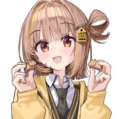 Rule 34 | 1girl, black necktie, blonde hair, blush, brown hair, collared shirt, commentary request, cropped arms, hair ornament, holding, jacket, kanzarin, long sleeves, looking at viewer, multicolored hair, necktie, open clothes, open jacket, open mouth, puffy long sleeves, puffy sleeves, red eyes, sendo yuuhi, shirt, simple background, single hair ring, smile, solo, streaked hair, upper body, virtual youtuber, vspo!, white background, white shirt, yellow jacket