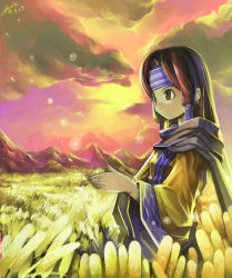 Rule 34 | bad id, bad pixiv id, brown hair, cloud, earrings, expressionless, grass, green eyes, gua, hair ornament, headband, jewelry, mountain, original, scarf, short hair, signature, solo, standing, sunlight, sunset, wide sleeves
