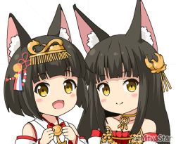 Rule 34 | 2girls, :d, animal ear fluff, animal ears, azur lane, bare shoulders, black hair, blush stickers, brown eyes, closed mouth, collarbone, commentary request, detached sleeves, dress, fox ears, hands up, headpiece, japanese clothes, kimono, long hair, long sleeves, mitya, multiple girls, mutsu (azur lane), nagato (azur lane), open mouth, pleated dress, red dress, simple background, sleeveless, sleeveless kimono, smile, strapless, strapless dress, twitter username, upper body, white background, white dress, white sleeves