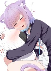 Rule 34 | 1girl, :d, absurdres, ahoge, animal ear fluff, animal ears, black collar, black jacket, blue hair, blush, cat ears, cat girl, cat tail, closed eyes, collar, heart, highres, hololive, hug, jacket, long sleeves, mafuri, multicolored hair, nekomata okayu, nekomata okayu (oversized shirt), onigirya (nekomata okayu), open clothes, open jacket, open mouth, purple hair, shirt, simple background, smile, solo, streaked hair, tail, virtual youtuber, white background, white shirt