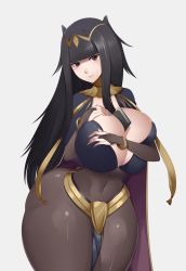Rule 34 | 1girl, ass, black dress, black hair, bluespice, breasts, bridal gauntlets, cleavage, closed mouth, covered navel, curvy, dress, fingernails, fire emblem, fire emblem awakening, highres, huge ass, huge breasts, long hair, looking at viewer, nintendo, purple eyes, simple background, skin tight, solo, tharja (fire emblem), thick thighs, thighs, tiara, wide hips
