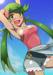 Rule 34 | 1girl, areola slip, armpits, blue sky, blush, breasts, cleavage, cloud, covered erect nipples, creatures (company), dark-skinned female, dark skin, day, dutch angle, female focus, flower, game freak, green eyes, green hair, hair flower, hair ornament, harubato, highres, legs apart, mallow (pokemon), matching hair/eyes, nintendo, open mouth, outdoors, pokemon, pokemon sm, shiny skin, sky, smile, solo, standing, tongue, trial captain, twintails